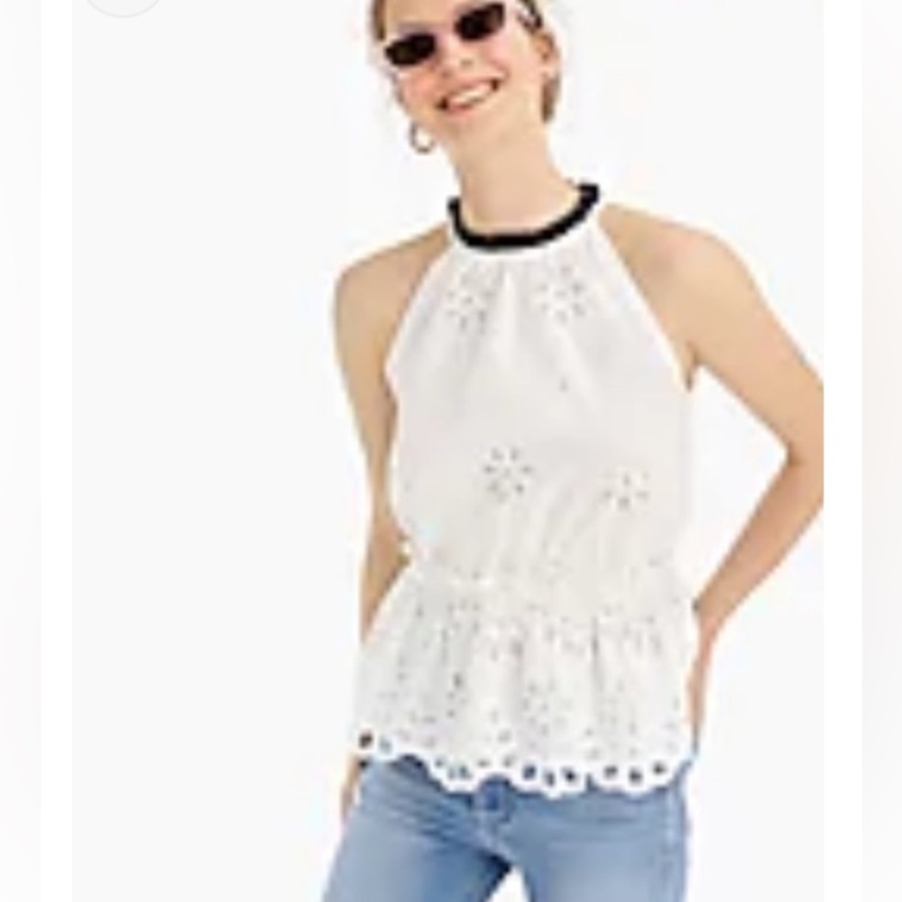 J. Crew White Eyelet Halter Peplum Top with Navy Neck Trim S